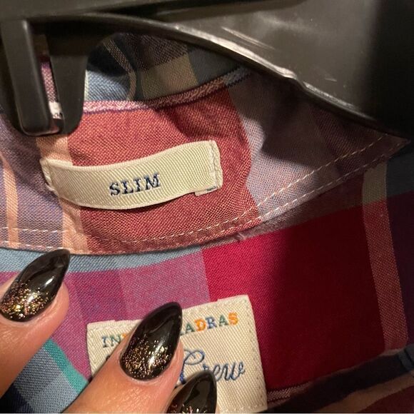 J Crew Shirt Blue Plaid Woven Indian Madras Button Down Long Sleeve- Size Large - Picture 3 of 4